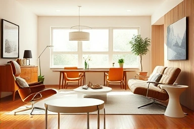 Elegant mid-century modern living room with iconic designer chairs.